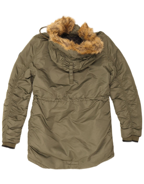 Superdry Womens Hooded Parka Jacket UK 12 Medium Khaki Nylon