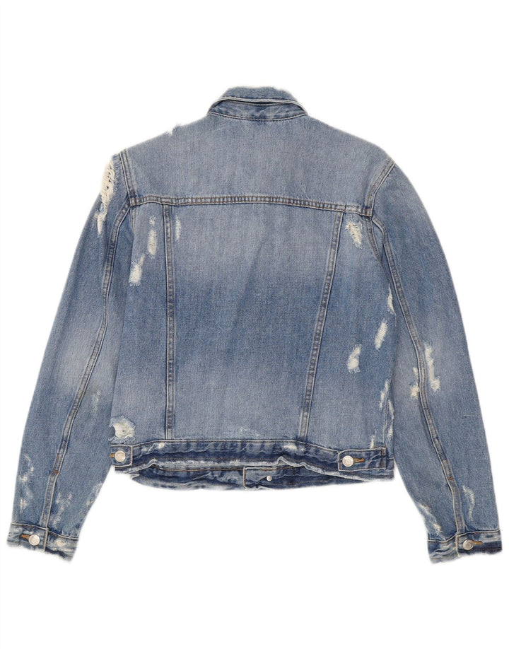 Zara Womens Crop Distressed Denim Jacket UK 12 Medium Blue Cotton