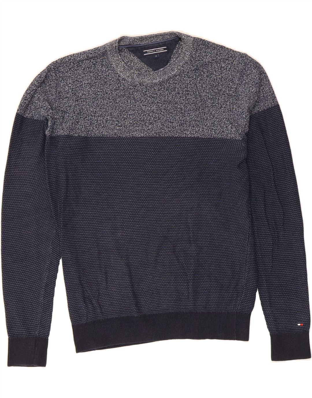 TOMMY HILFIGER Mens Crew Neck Jumper Sweater Medium Navy Blue Colourblock Vintage Tommy Hilfiger and Second-Hand Tommy Hilfiger from Messina Hembry 