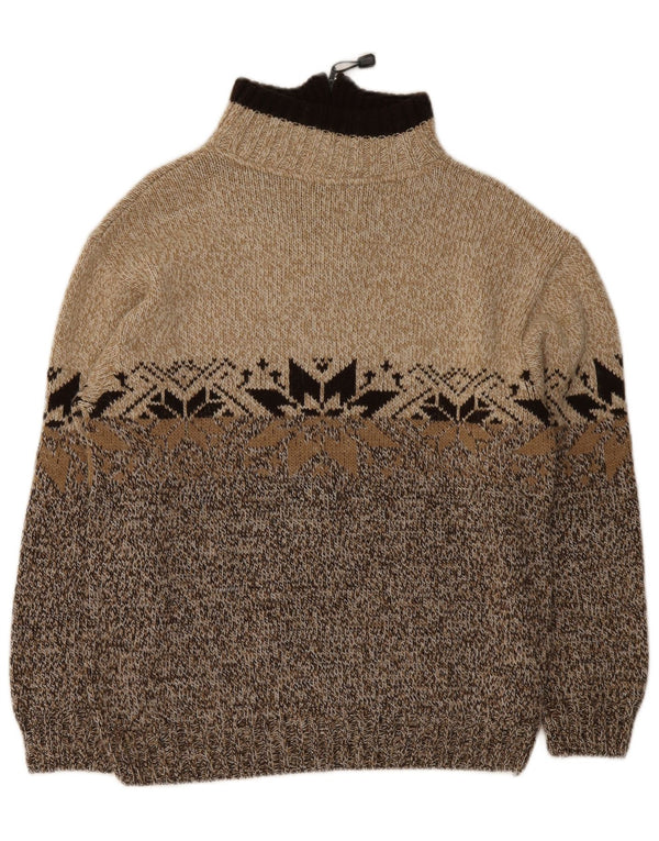 Vintage Mens Zip Neck Jumper Sweater Medium Brown Fair Isle Acrylic