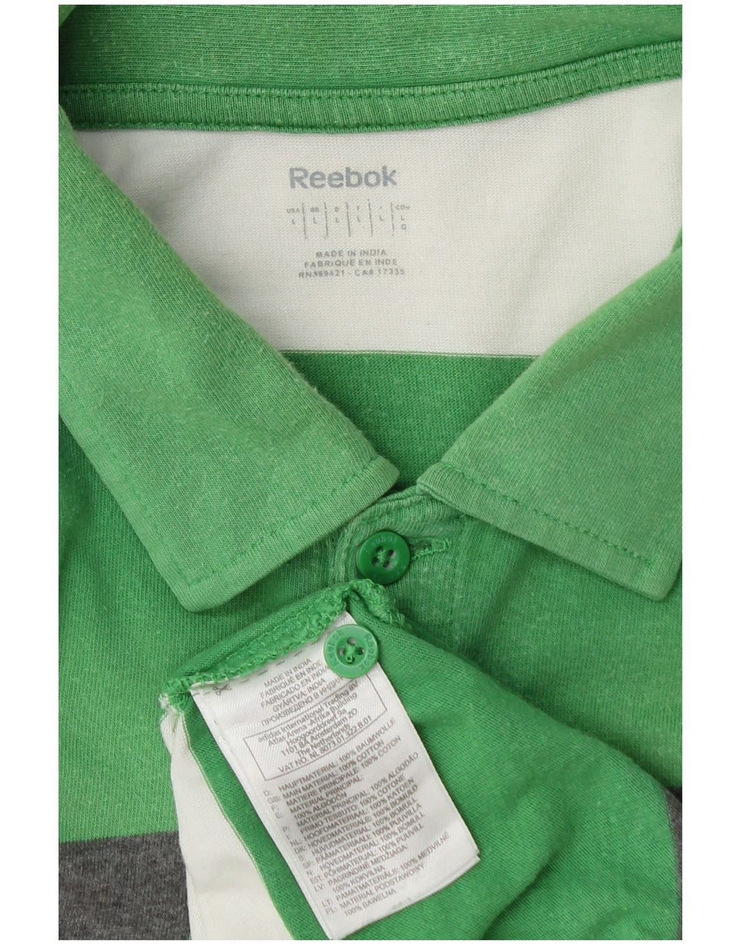 Reebok Mens Rugby Polo Shirt Large Green Striped Cotton