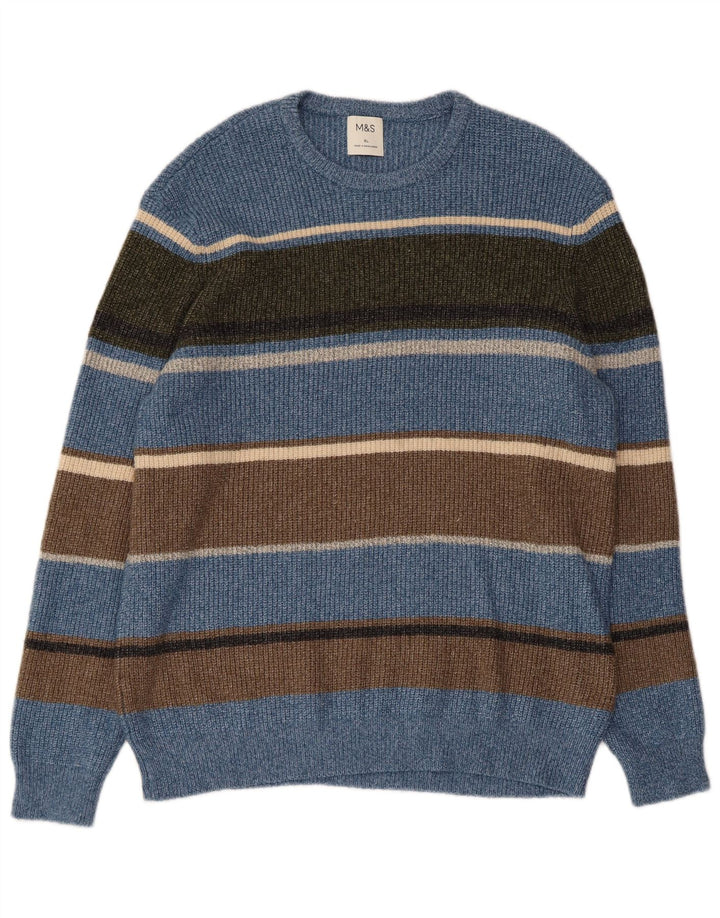 Marks & Spencer Mens Crew Neck Jumper Sweater XL Blue Striped Polyamide