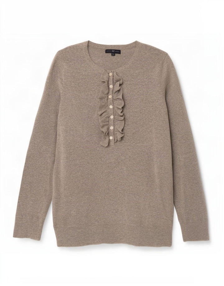 Gap Womens Ruffle Front Button Neck Jumper Sweater UK 14 Large Grey Cotton