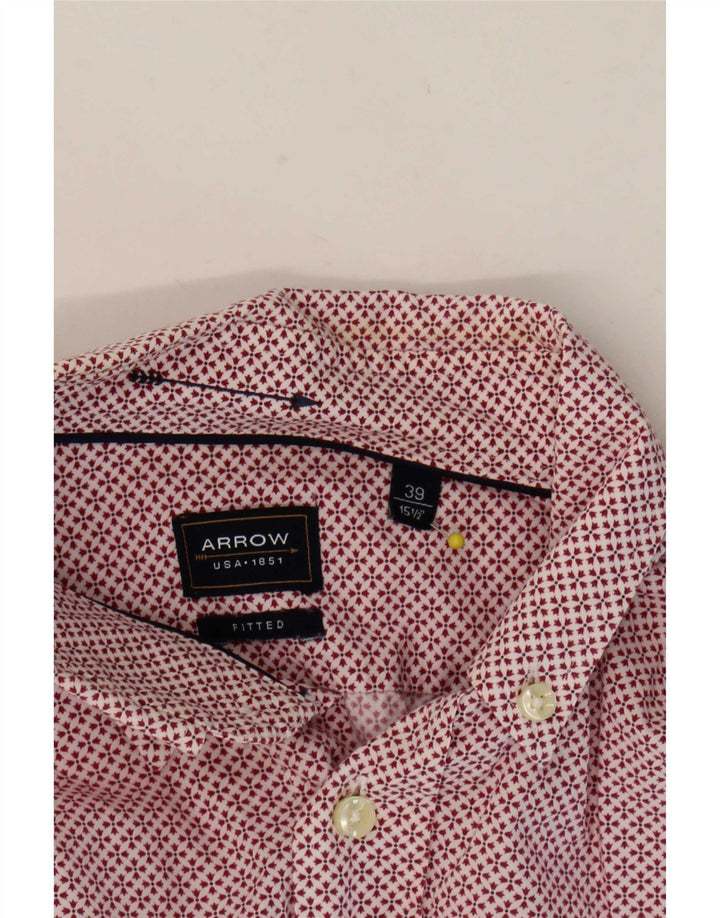 Arrow Mens Fitted Shirt Size 39 15 1/2 Medium Red Geometric