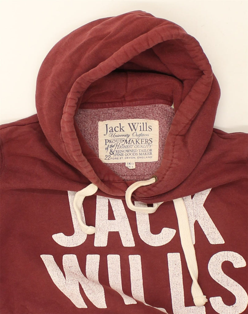 JACK WILLS Womens Graphic Hoodie Jumper UK 12 Medium Maroon Cotton | Vintage Jack Wills | Thrift | Second-Hand Jack Wills | Used Clothing | Messina Hembry 