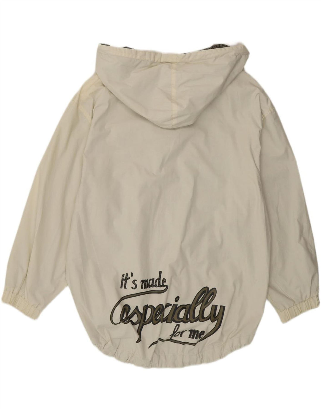 VINTAGE Mens Graphic Hooded Rain Jacket UK 42 XL Off White Polyester