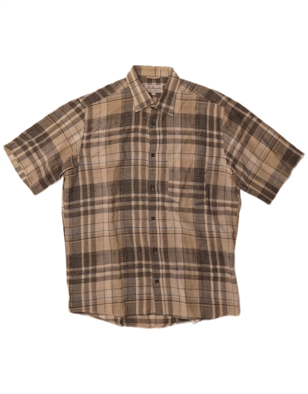 Belmonte Mens Short Sleeve Shirt Size 42 Large Beige Check Cotton