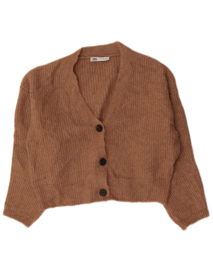 Zara Womens Crop Oversized Cardigan Sweater UK 14 Medium Brown Nylon