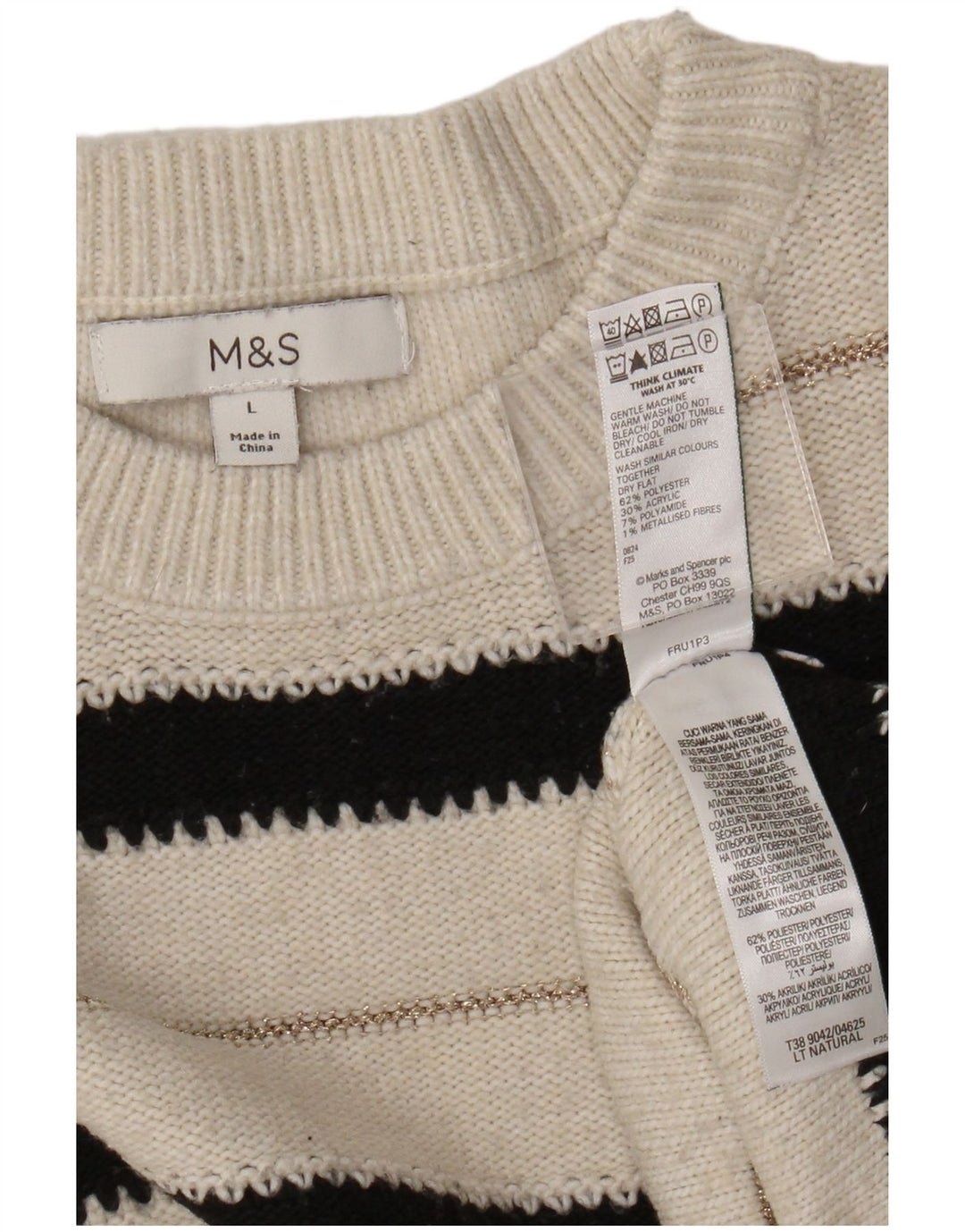 Marks & Spencer Womens Crew Neck Jumper Sweater UK 16 Large White Striped