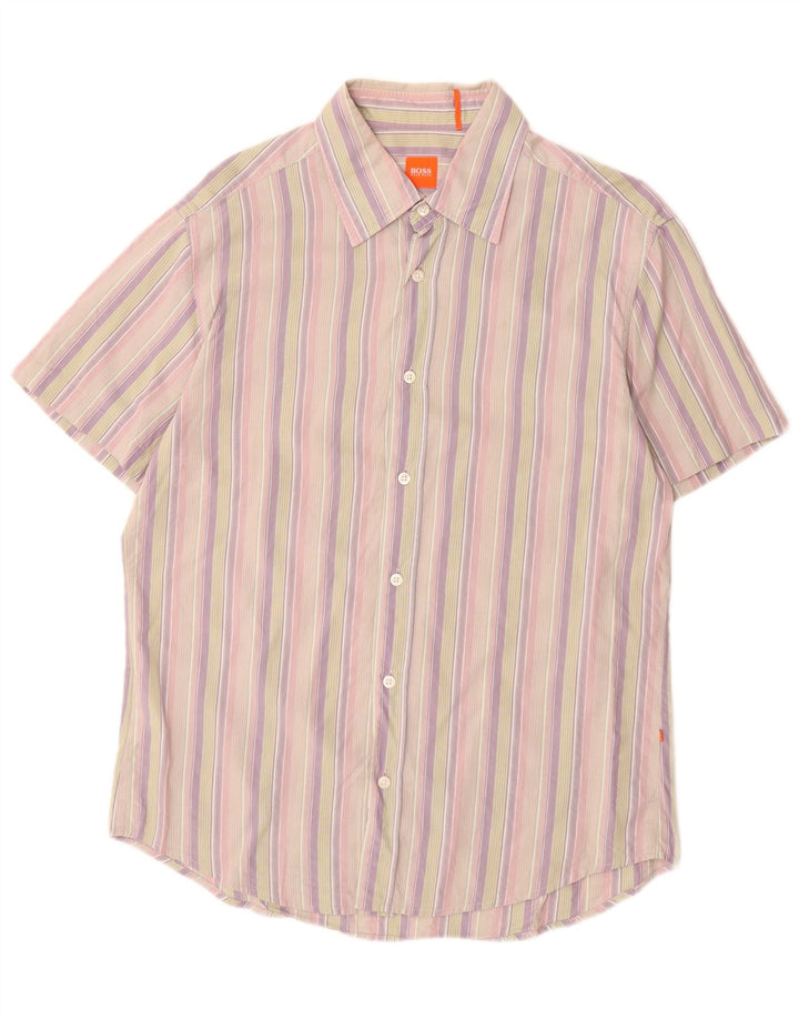 Hugo Boss Mens Short Sleeve Shirt Large Multicoloured Striped Cotton