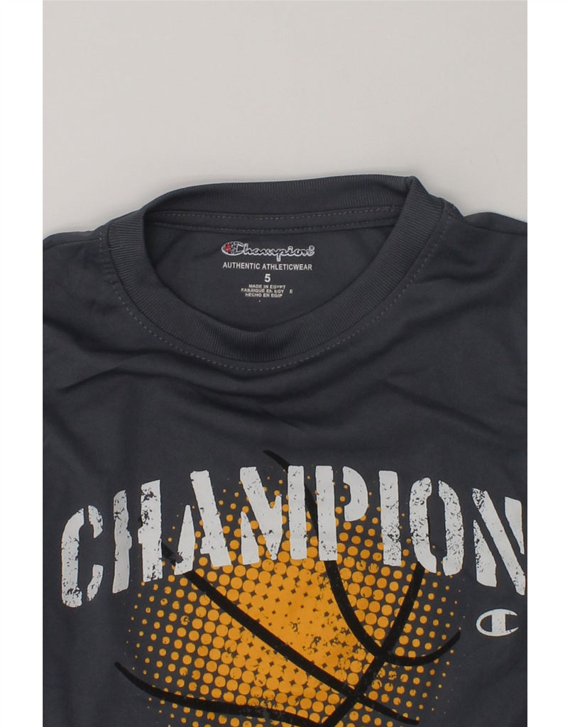 CHAMPION Boys Graphic Top Long Sleeve 4-5 Years Grey Colourblock Polyester | Vintage Champion | Thrift | Second-Hand Champion | Used Clothing | Messina Hembry 