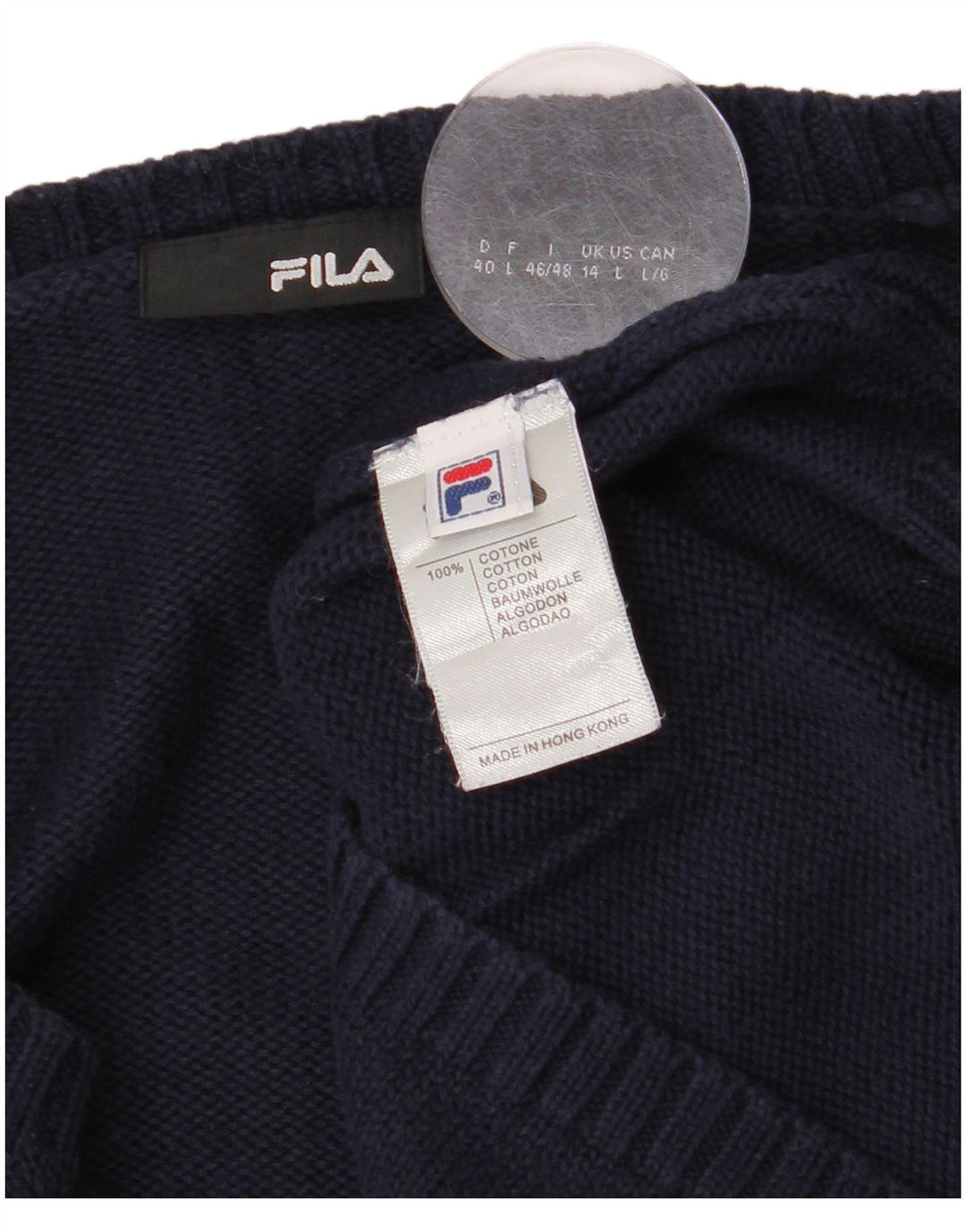 Fila Womens V-Neck Jumper Sweater UK 14 Medium Navy Blue Cotton