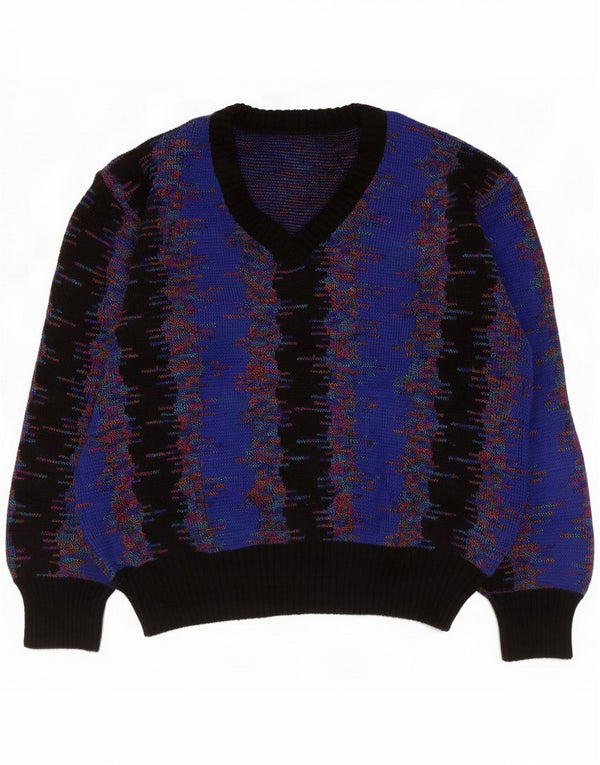 Vintage Womens V-Neck Jumper Sweater UK 16 Large Blue Colourblock