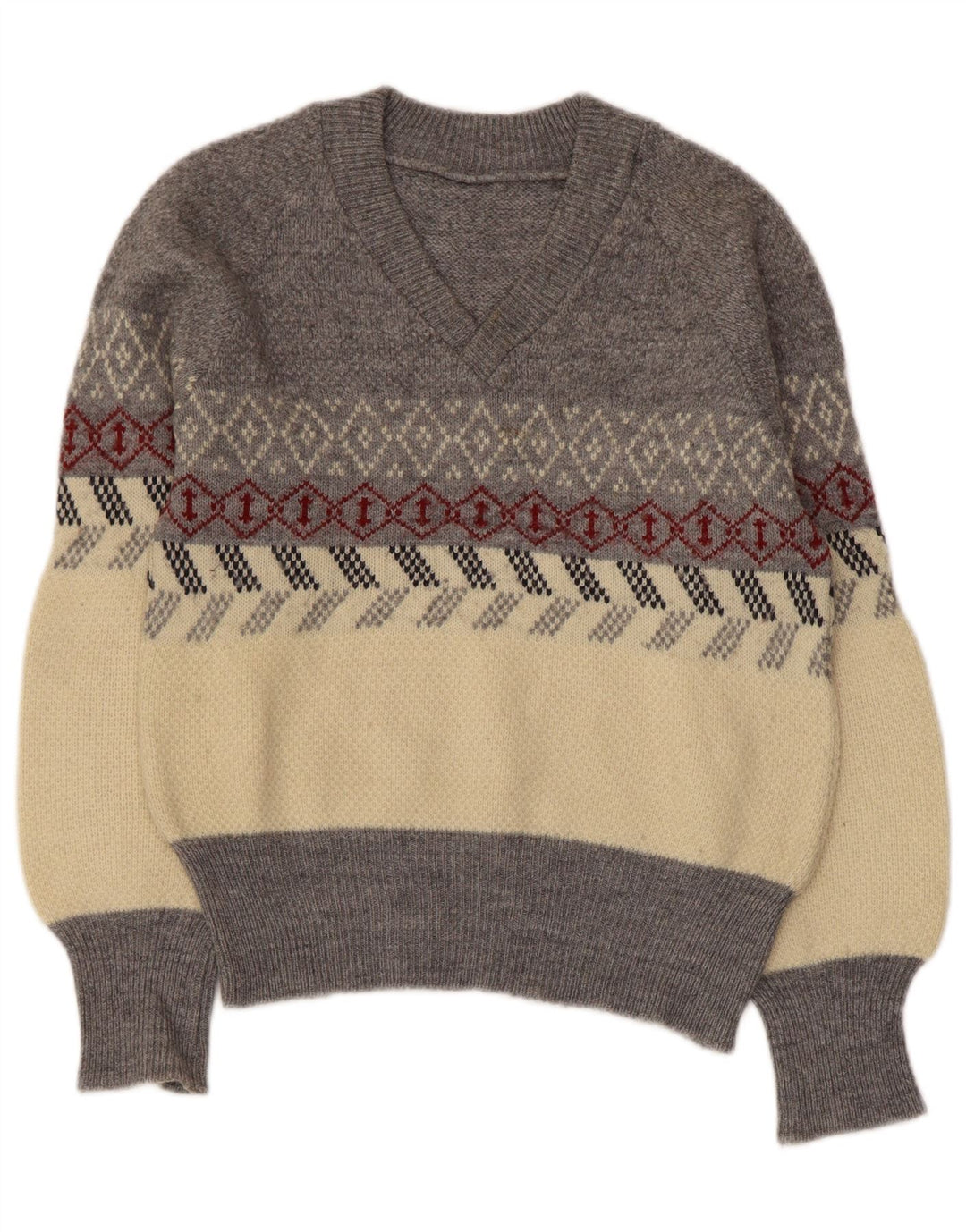 Vintage Womens V-Neck Jumper Sweater UK 10 Small Grey Argyle/Diamond