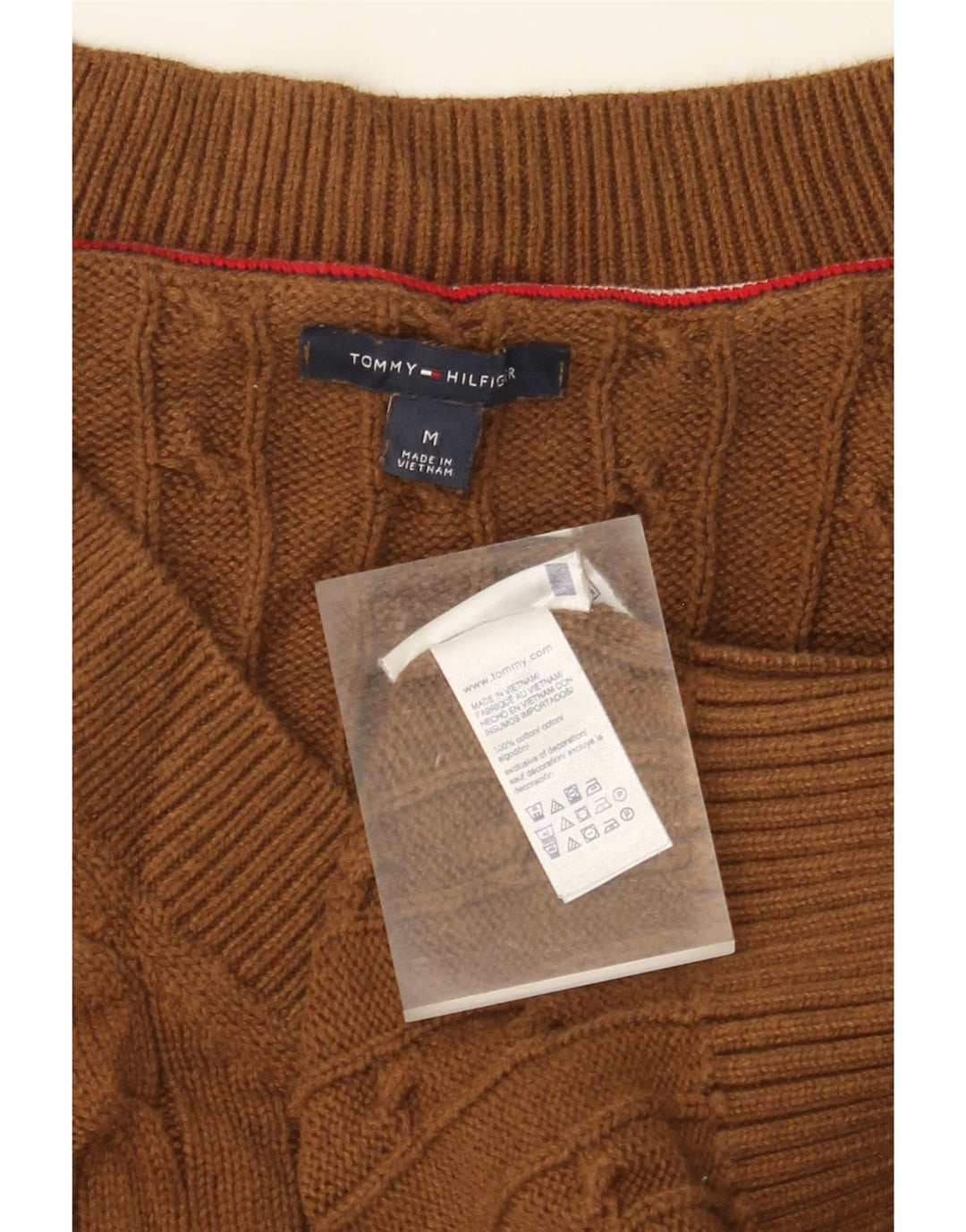 TOMMY HILFIGER Womens V-Neck Jumper Sweater UK 12 Medium Brown Cotton