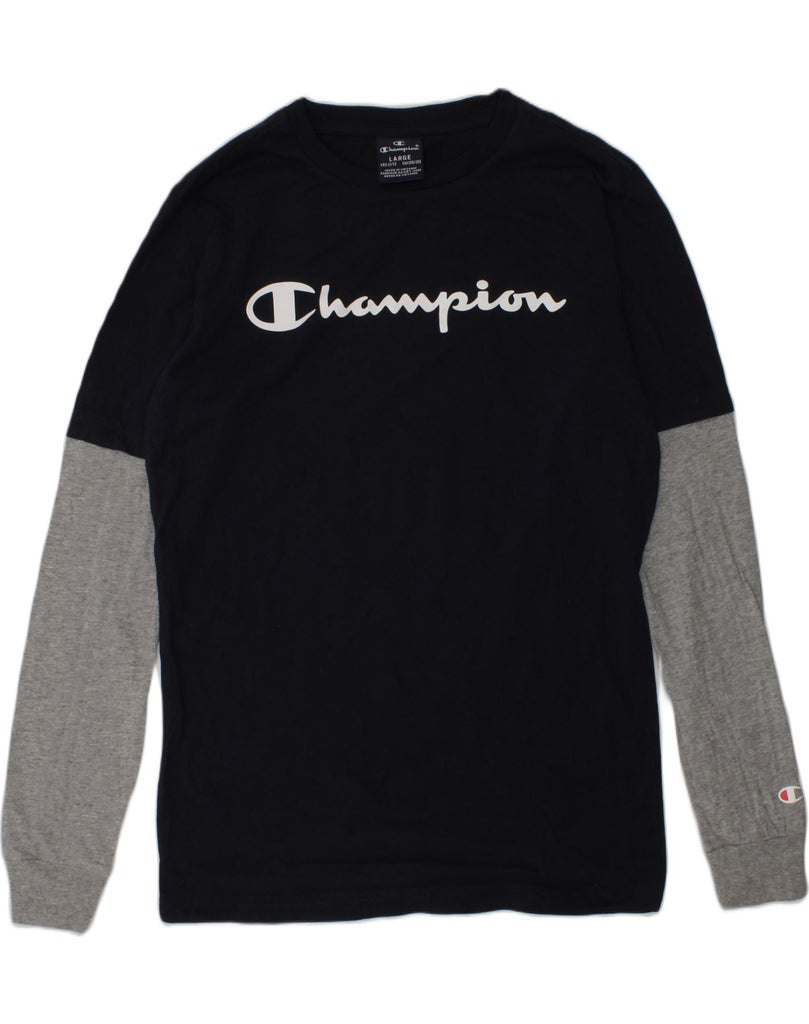 CHAMPION Boys Graphic Top Long Sleeve 11-12 Years Large Navy Blue | Vintage Champion | Thrift | Second-Hand Champion | Used Clothing | Messina Hembry 