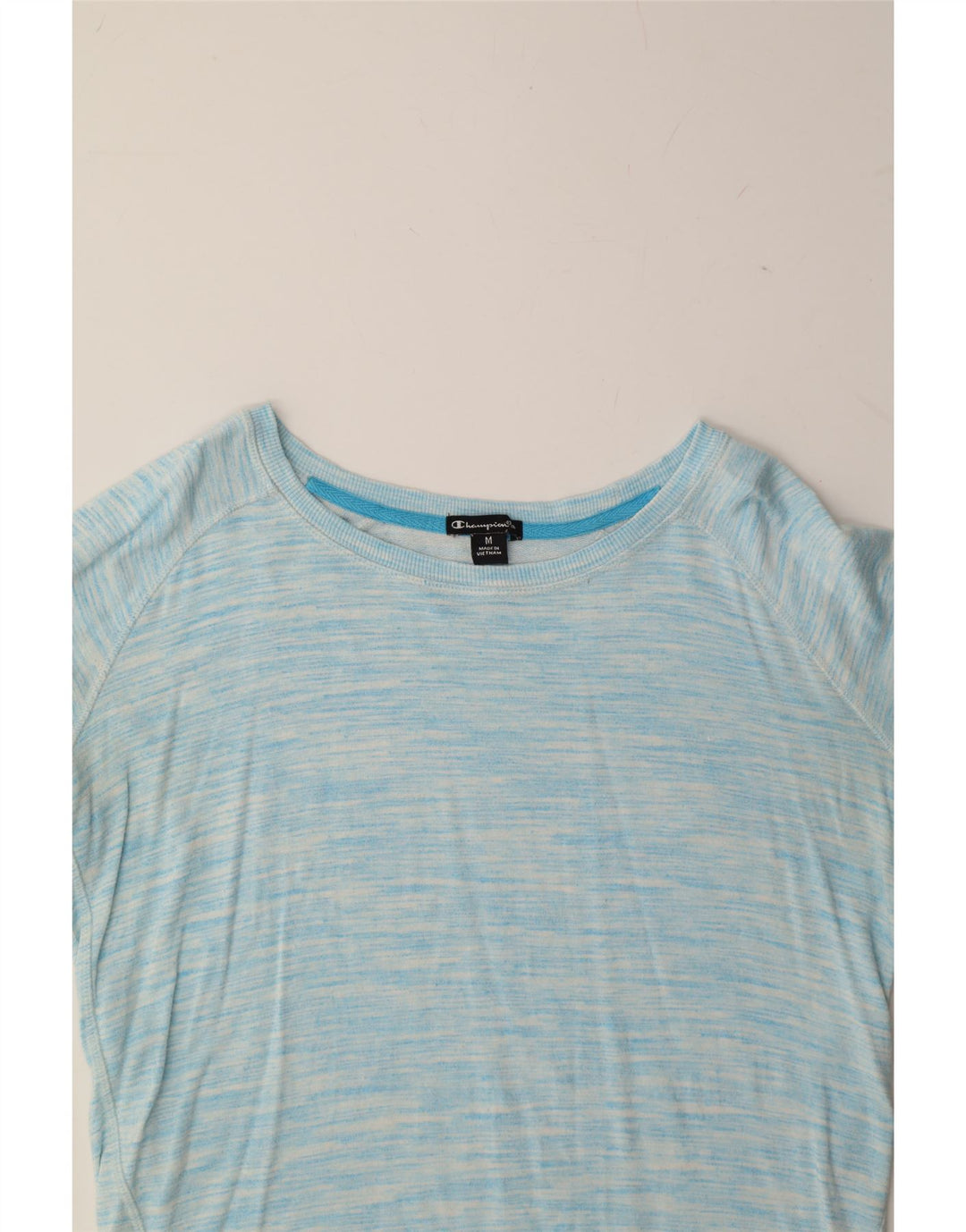CHAMPION Womens Graphic Top Long Sleeve UK 14 Medium Blue Flecked Rayon Vintage Champion and Second-Hand Champion from Messina Hembry 