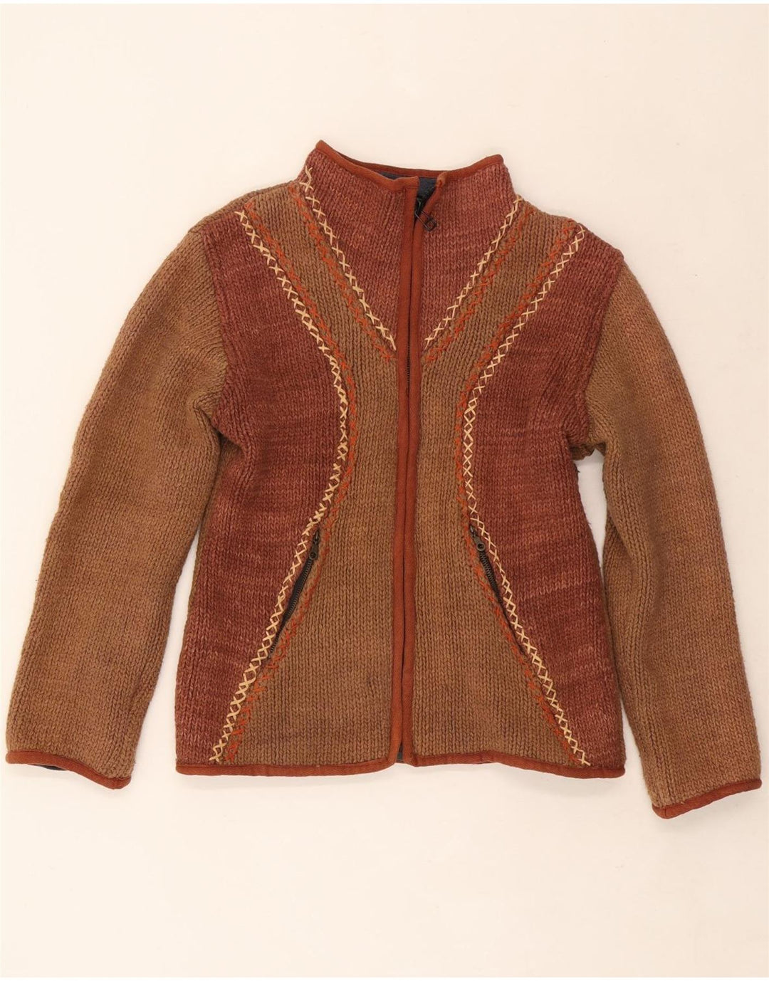 Vintage Womens Cardigan Sweater UK 12 Medium Brown Colourblock