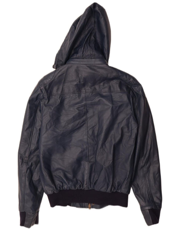 VINTAGE Womens Hooded Leather Jacket UK 14 Large Navy Blue Leather