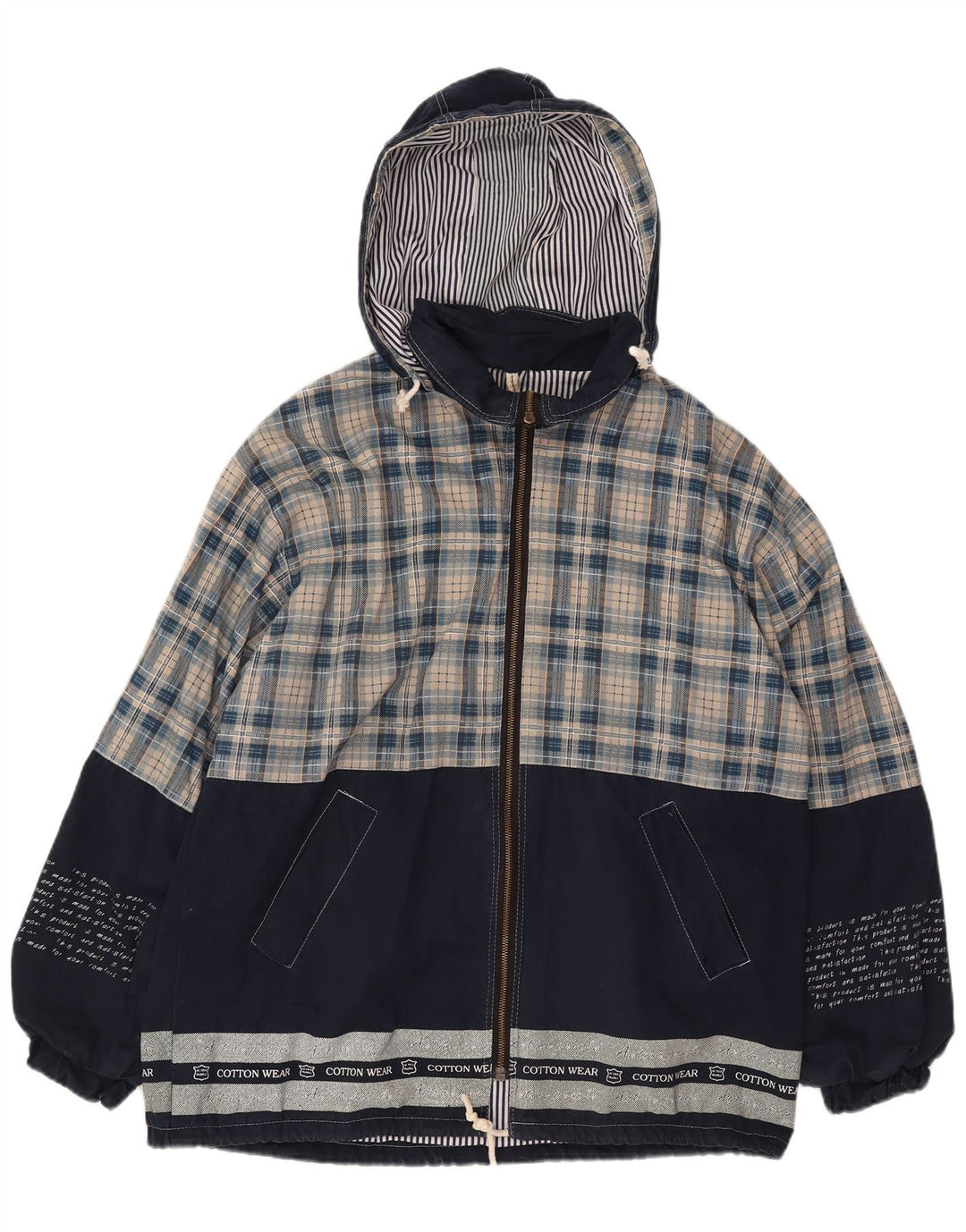 Whisper Mens Graphic Hooded Windbreaker Jacket UK 40 Large Navy Blue Check