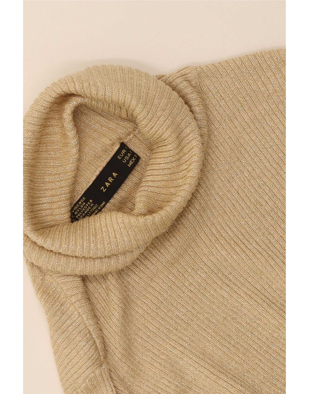 Zara Womens Roll Neck Top Long Sleeve UK 12 Medium Beige Viscose