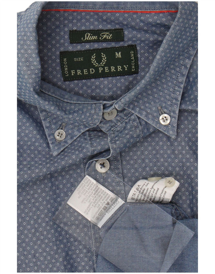 FRED PERRY Mens Slim Fit Shirt Medium Blue Argyle/Diamond Cotton