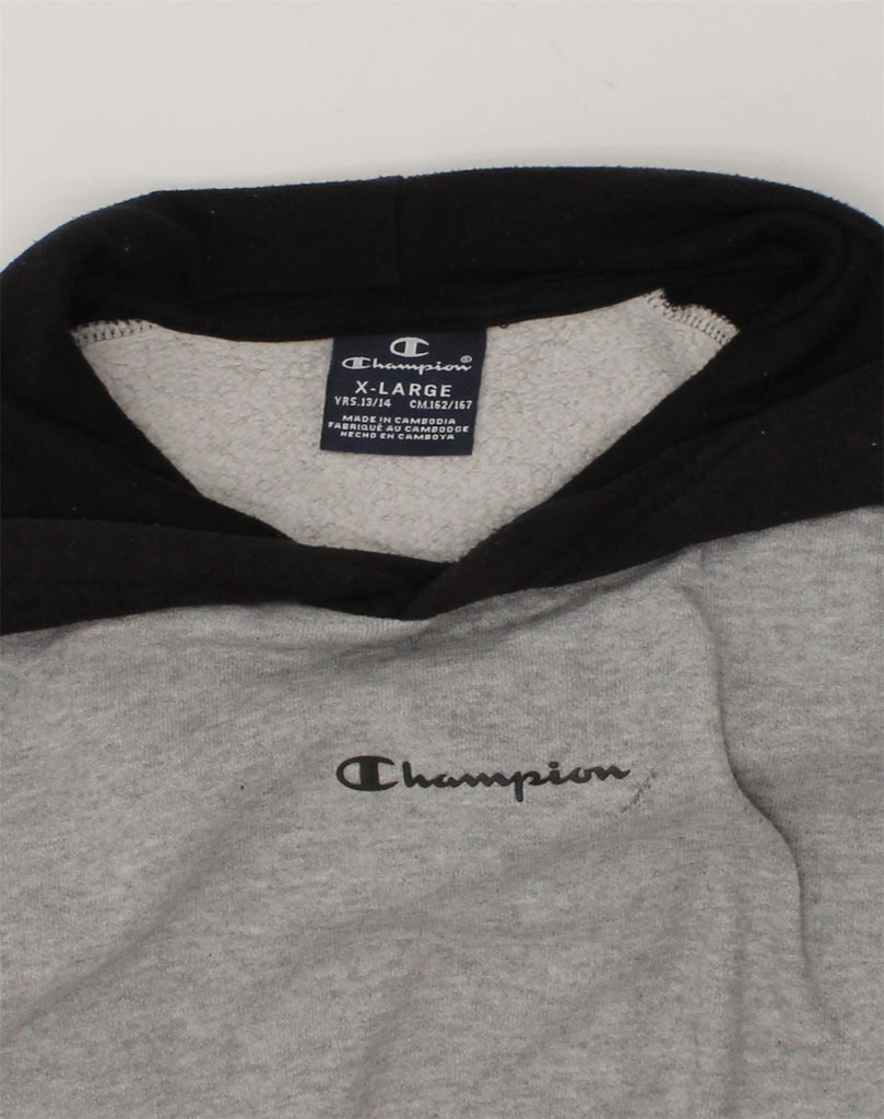 CHAMPION Boys Hoodie Jumper 13-14 Years XL Grey Colourblock Cotton | Vintage Champion | Thrift | Second-Hand Champion | Used Clothing | Messina Hembry 