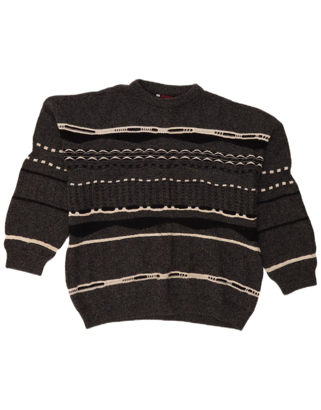 Vintage Mens Crew Neck Jumper Sweater 2XL Grey Striped Wool