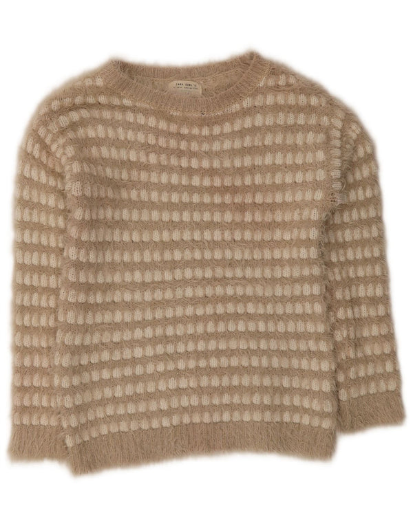 Zara Girls Boat Neck Jumper Sweater 13-14 Years Beige Check Acrylic