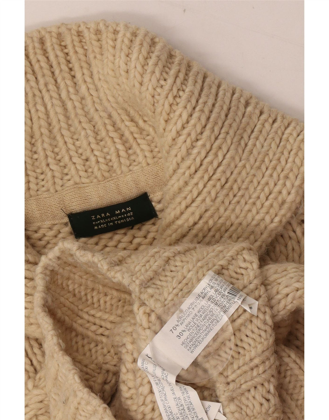 Zara Mens Shawl Neck Jumper Sweater XL Brown Acrylic