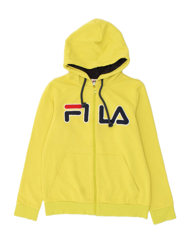 FILA Womens Heritage Graphic Zip Hoodie Sweater UK 16 Large Yellow Cotton | Vintage Fila | Thrift | Second-Hand Fila | Used Clothing | Messina Hembry 