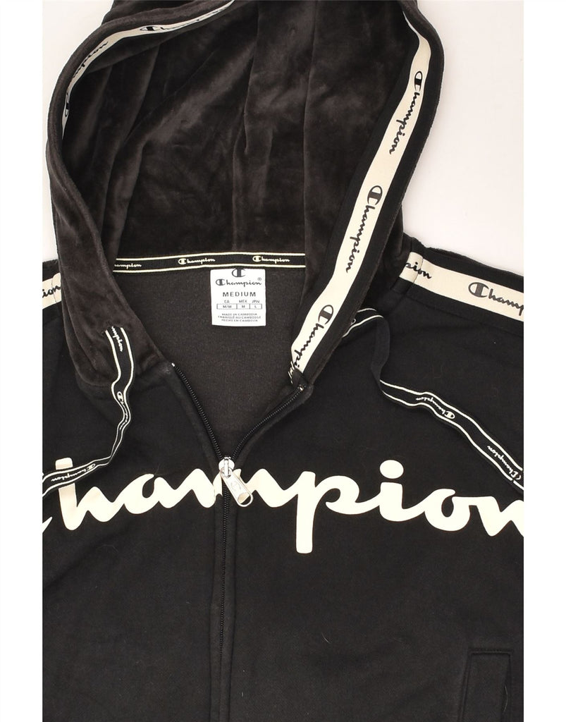 CHAMPION Womens Graphic Crop Zip Hoodie Sweater UK 14 Medium Black Cotton | Vintage Champion | Thrift | Second-Hand Champion | Used Clothing | Messina Hembry 