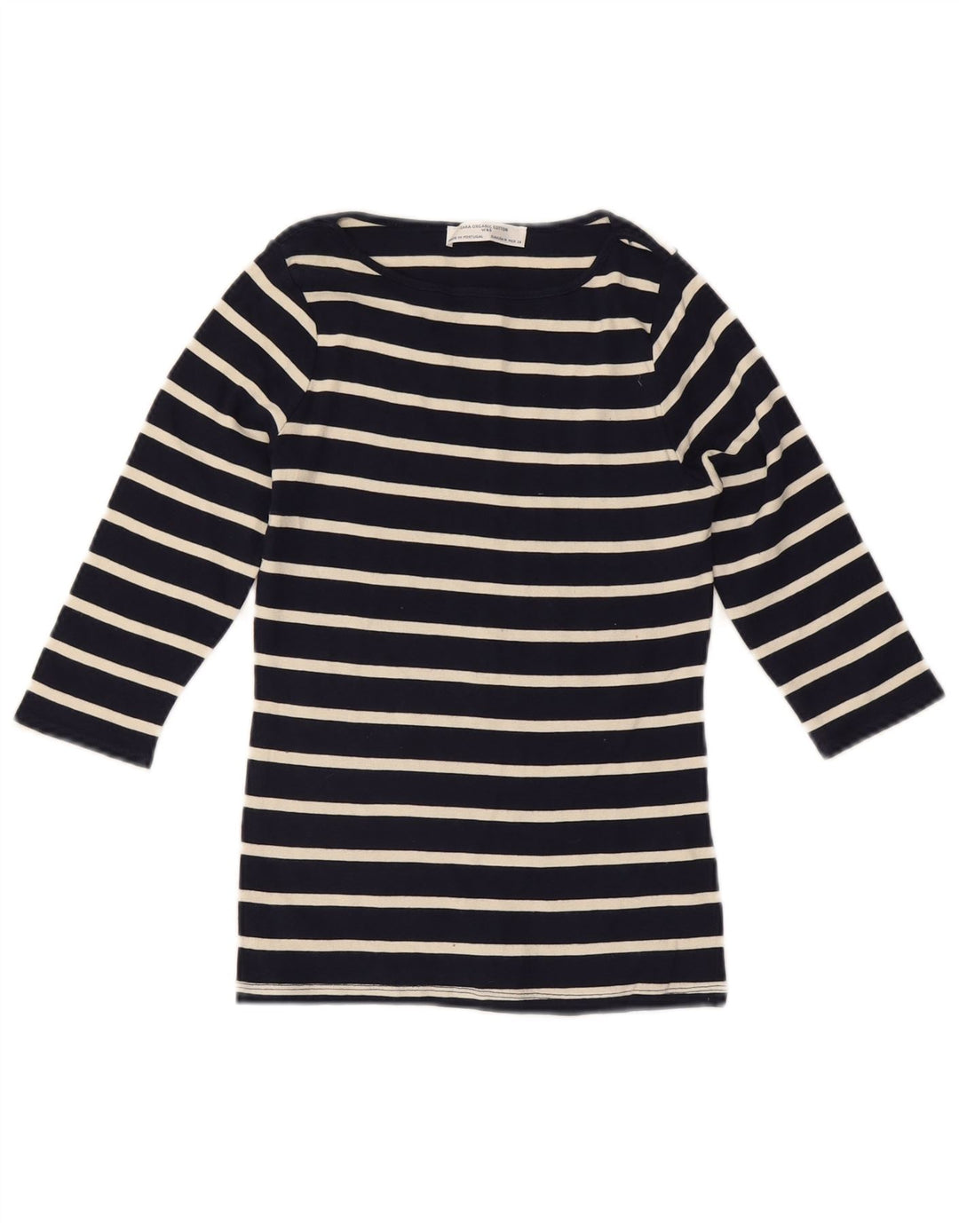 ZARA Womens Top 3/4 Sleeve UK 12 Medium Navy Blue Striped Cotton