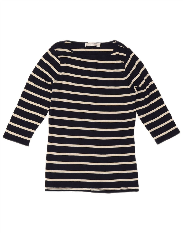 ZARA Womens Top 3/4 Sleeve UK 12 Medium Navy Blue Striped Cotton