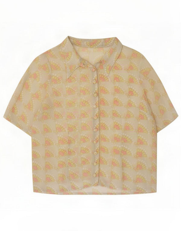 Vintage Womens Short Sleeve Shirt Blouse UK 12 Medium Beige Floral