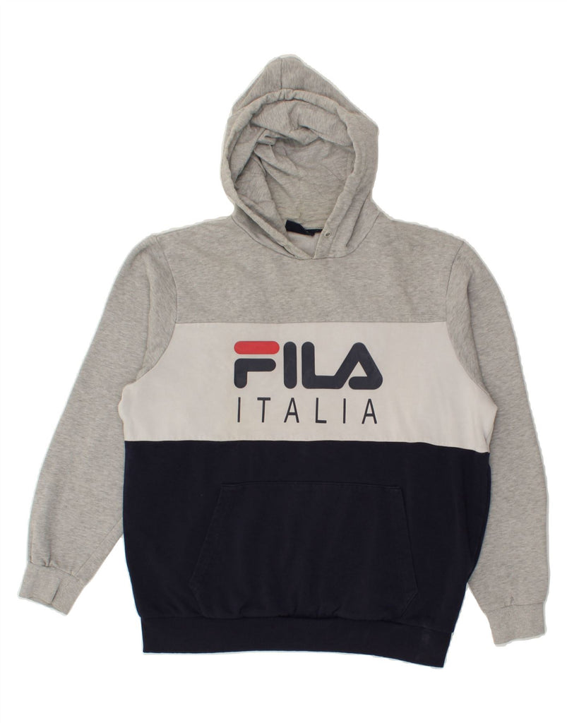 FILA Mens Graphic Hoodie Jumper Large Grey Colourblock Cotton Vintage Fila and Second-Hand Fila from Messina Hembry 