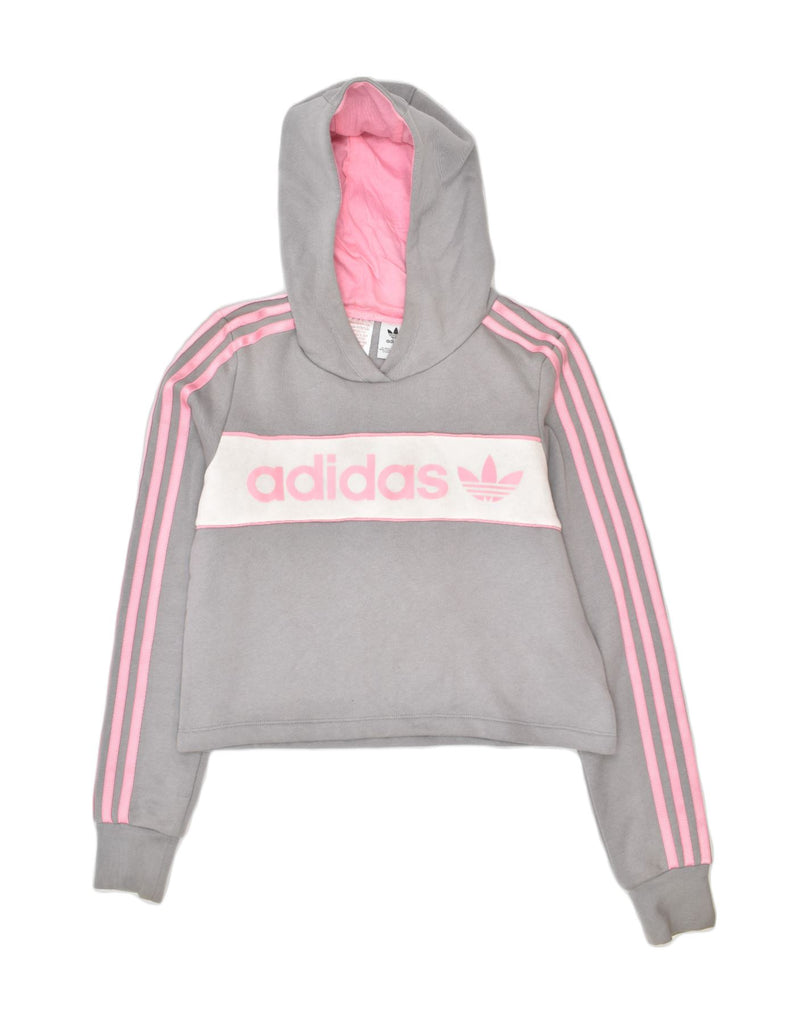 ADIDAS Girls Graphic Hoodie Jumper 12-13 Years Grey Colourblock Polyester | Vintage | Thrift | Second-Hand | Used Clothing | Messina Hembry 