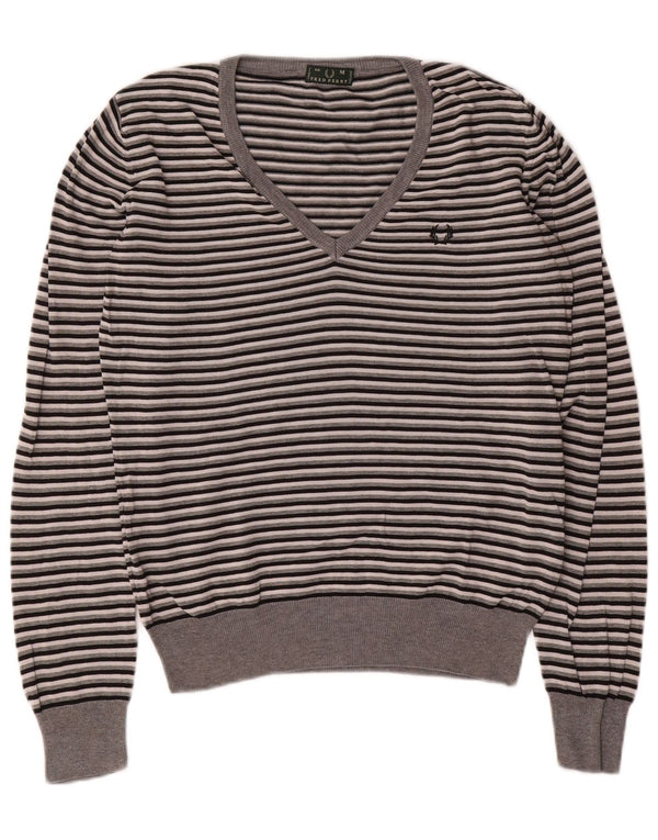 Fred Perry Womens V-Neck Jumper Sweater UK 14 Medium Grey Striped Cotton