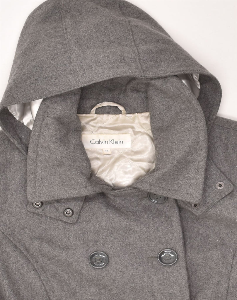 CALVIN KLEIN Womens Hooded Hooded Double Breasted Coat US 14 XL Grey | Vintage Calvin Klein | Thrift | Second-Hand Calvin Klein | Used Clothing | Messina Hembry 