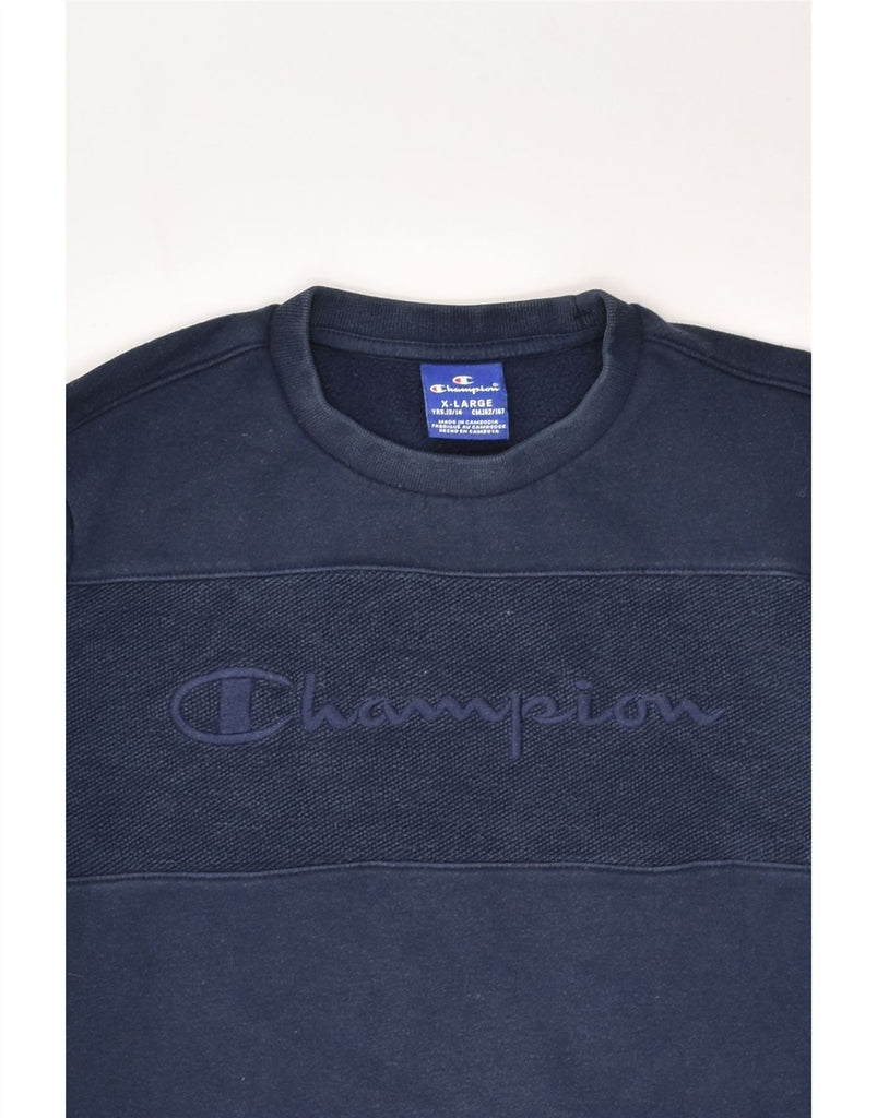 CHAMPION Boys Graphic Sweatshirt Jumper 13-14 Years XL Navy Blue | Vintage Champion | Thrift | Second-Hand Champion | Used Clothing | Messina Hembry 