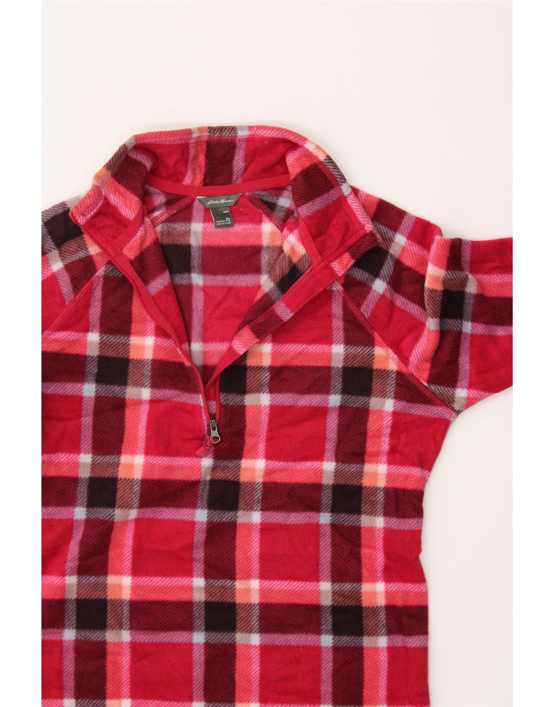 EDDIE BAUER Womens Zip Neck Fleece Jumper UK 6 XS Red Check Polyester Vintage Eddie Bauer and Second-Hand Eddie Bauer from Messina Hembry 