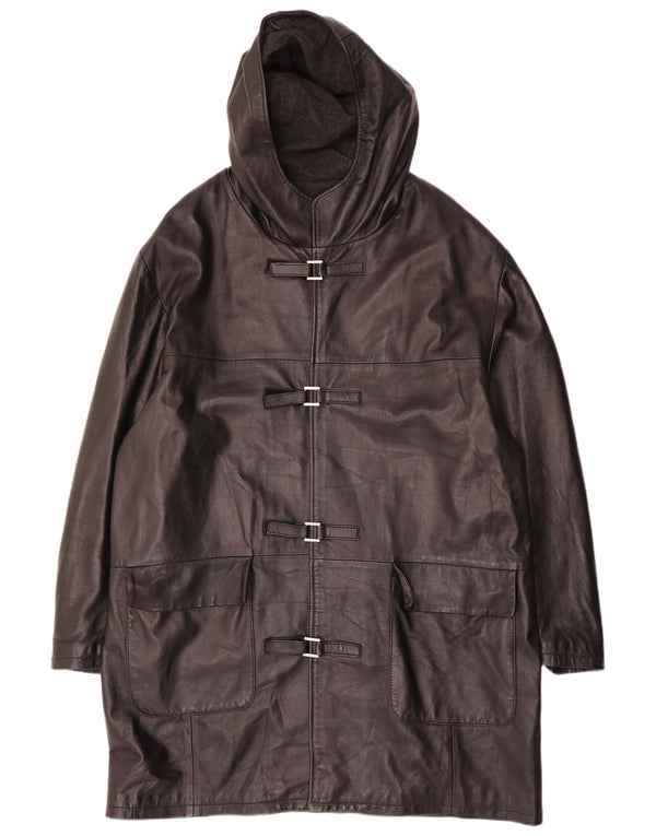 Vintage Mens Hooded Duffle Leather Jacket IT 54 2XL Black Leather