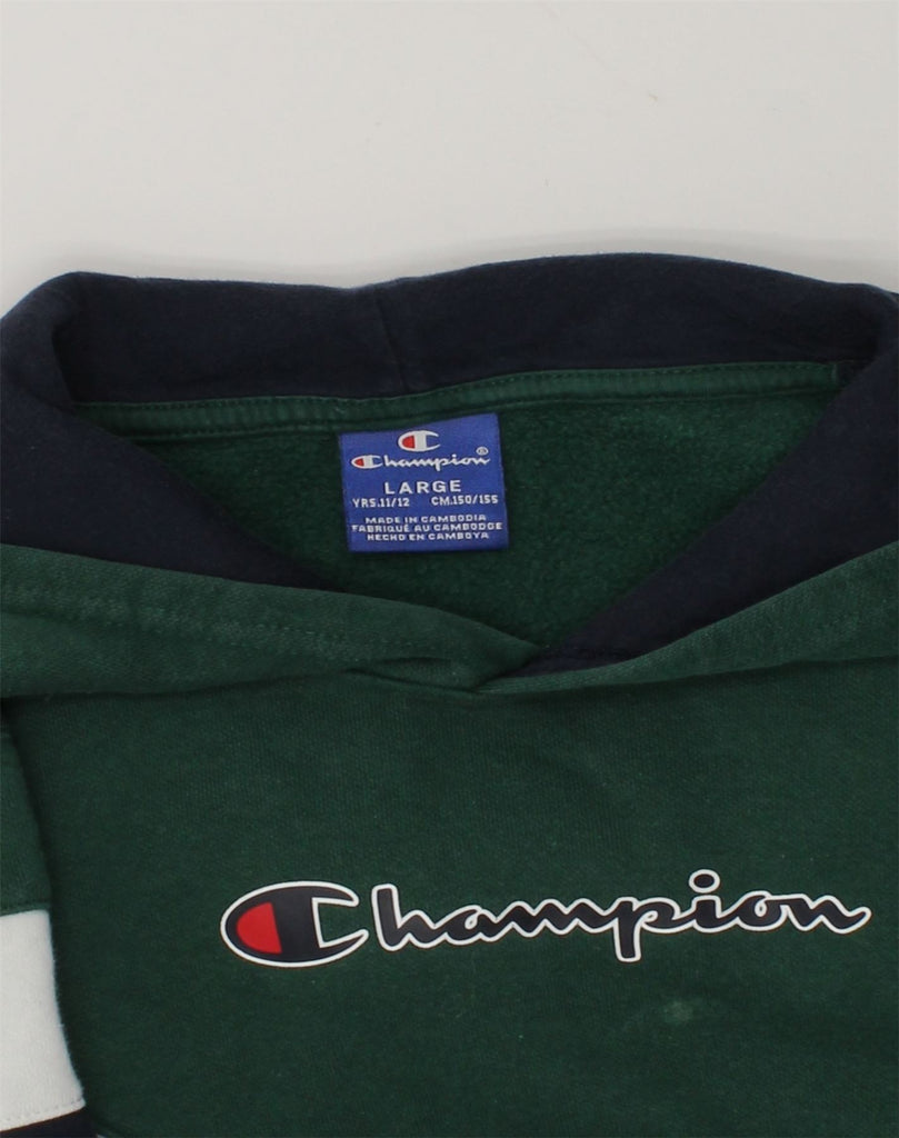 CHAMPION Boys Graphic Hoodie Jumper 11-12 Years Large  Green Colourblock | Vintage Champion | Thrift | Second-Hand Champion | Used Clothing | Messina Hembry 