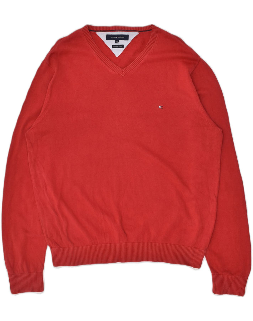 TOMMY HILFIGER Mens V-Neck Jumper Sweater XL Red Cotton | Vintage Tommy Hilfiger | Thrift | Second-Hand Tommy Hilfiger | Used Clothing | Messina Hembry 