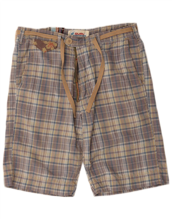 Guru Mens Chino Shorts W30 Medium Blue Check Cotton