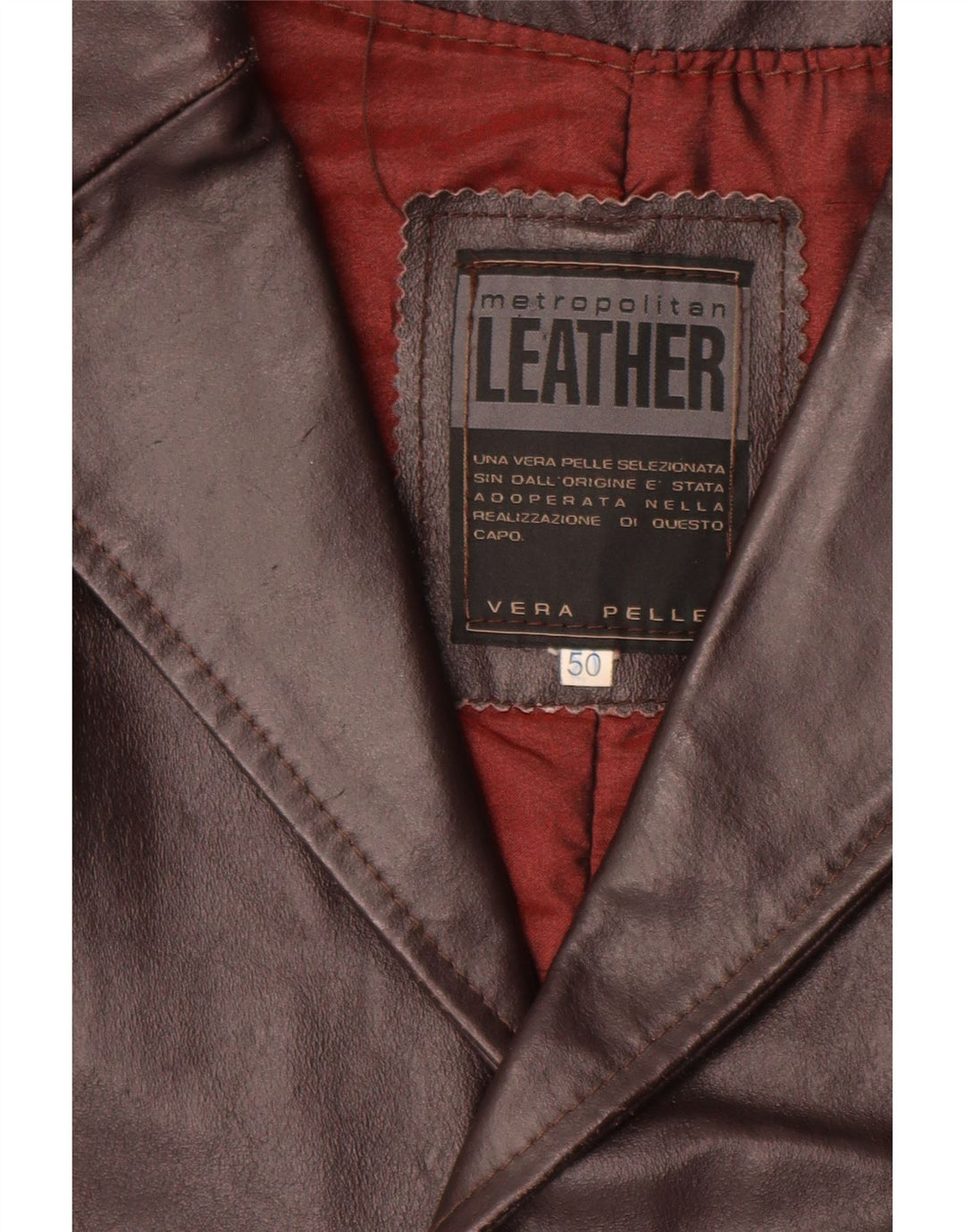 METROPOLITAN Mens Leather Coat IT 50 Large Brown Leather