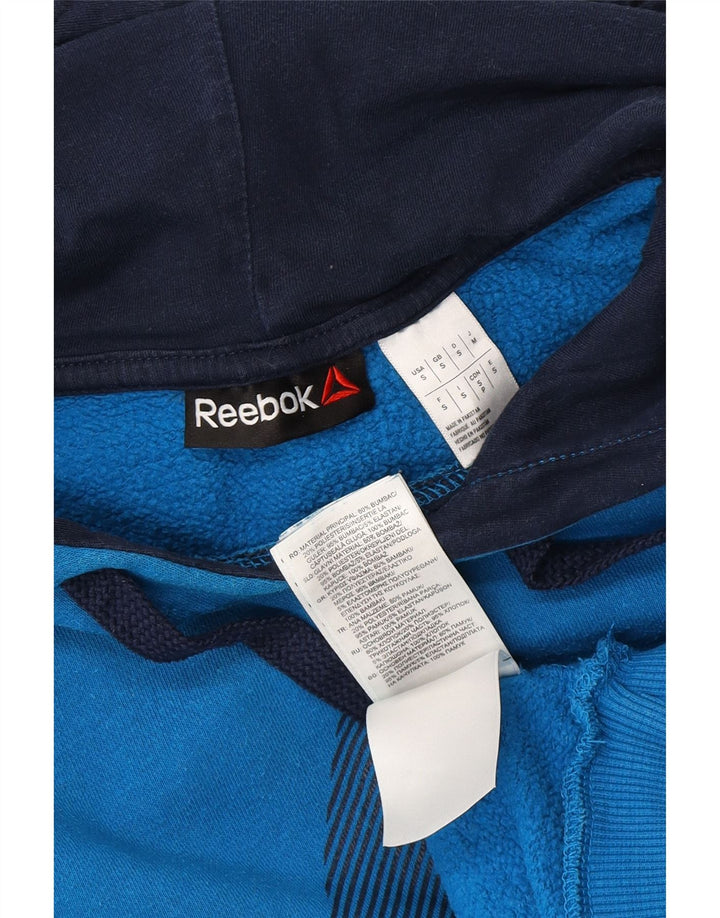 REEBOK Mens Graphic Hoodie Jumper Small Blue Cotton Vintage Reebok and Second-Hand Reebok from Messina Hembry 