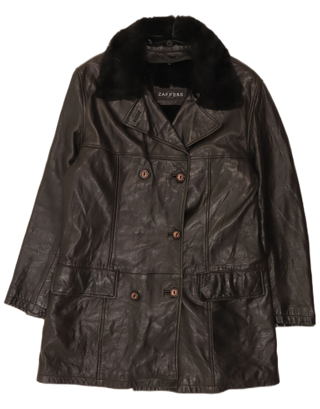 Zaffers Womens Double Breasted Leather Coat IT 42 Medium Black Leather