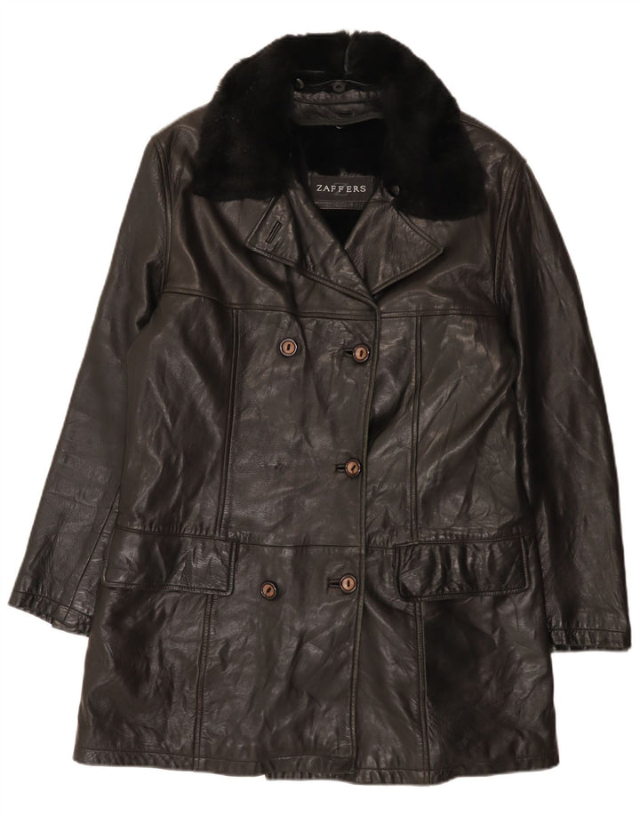 Zaffers Womens Double Breasted Leather Coat IT 42 Medium Black Leather