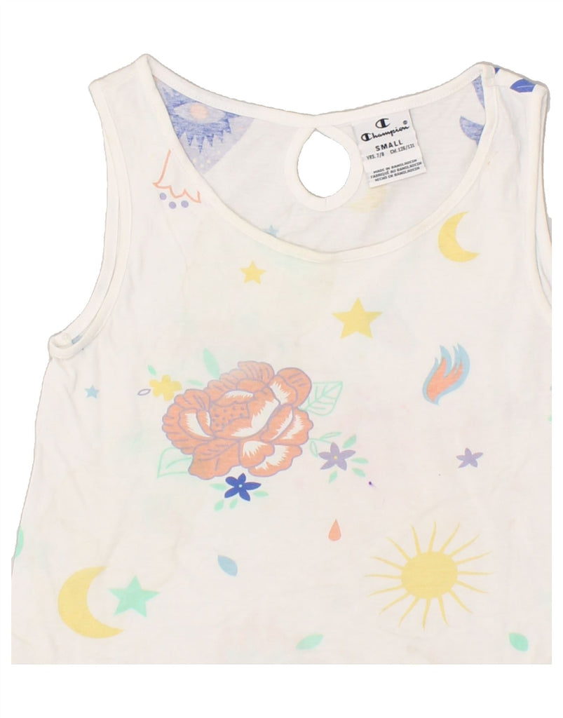 CHAMPION Girls Graphic Vest Top 7-8 Years Small  White Floral | Vintage Champion | Thrift | Second-Hand Champion | Used Clothing | Messina Hembry 